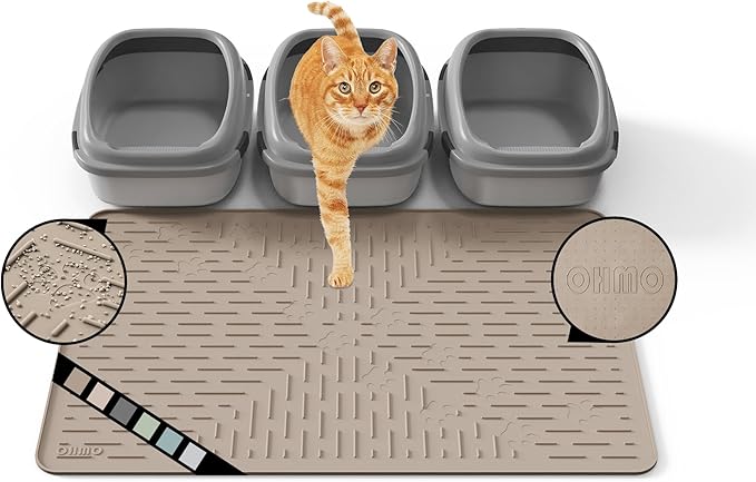 OHMO Cat Litter Mat XXL Trapping Mat Premium Silicone Rubber 37.5x25.2 Beige，Waterproof and BPA Free Kitty Litter Box Mat, Easy to Clean and Keeps The Floor Tidy