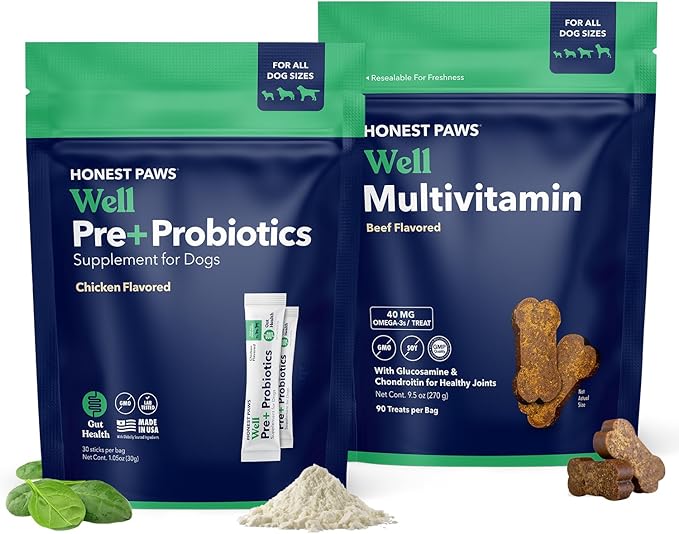 Honest Paws Probiotics for Dogs & Dog Multivitamin - Glucosamine Chondroitin for Joint Health - Allergies, Immunity, Gut Health - Digestive and Skin & Coat Support
