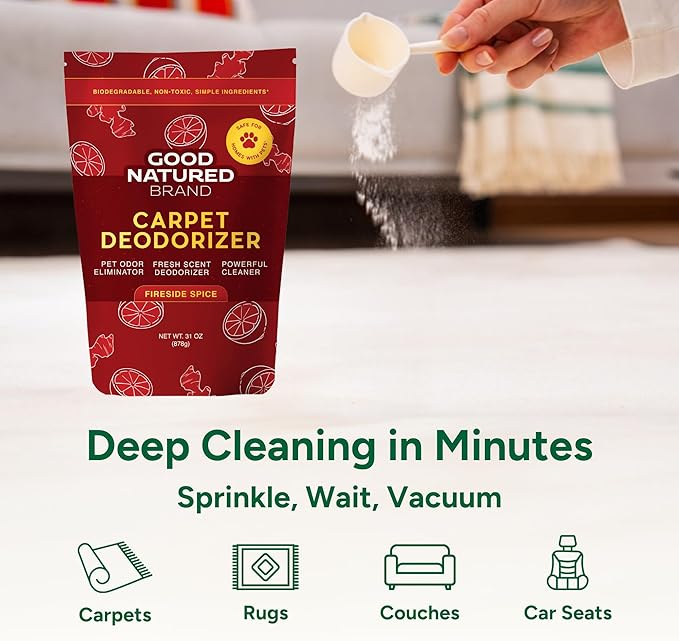 Good Natured Brand | Carpet Deodorizer & Freshener Powder | 31 oz Pet Odor Eliminator for Strong Odor & Pet Urine | Fresh Natural Fireside Spice Scent | Safe for Homes with Pets