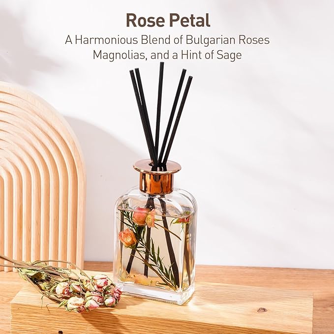 Rose Petal Botanical Essential Oil Reed Diffuser Set/6.7oz/Floral Nuances of Roses,Sage,Ruscus/Decorative Air Freshener/Home, Office, Room Décor/Aromatherapy Gift/Scentsy Home Fragrance