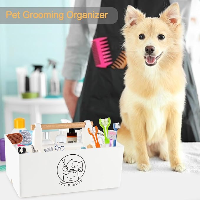 Dog Storage Organizer,Dog Grooming Organizer,Portable Shower Caddy Organizer for Dog Cat Stuff,Divided Basket Bin Storage for Dog Cat Grooming Kit,Shampoo,Trimmer,Clipper,Combo,Brush