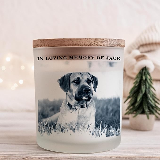 Custom Photo Candle | Printed on Glass | Memorial for Parent, Mother, Dad, Dog, Cat, Pet Memorial | Condolence Remembrance, Light Remains | Engraved Lid | Scented, Soy Wax, USA Made | Keep&Present