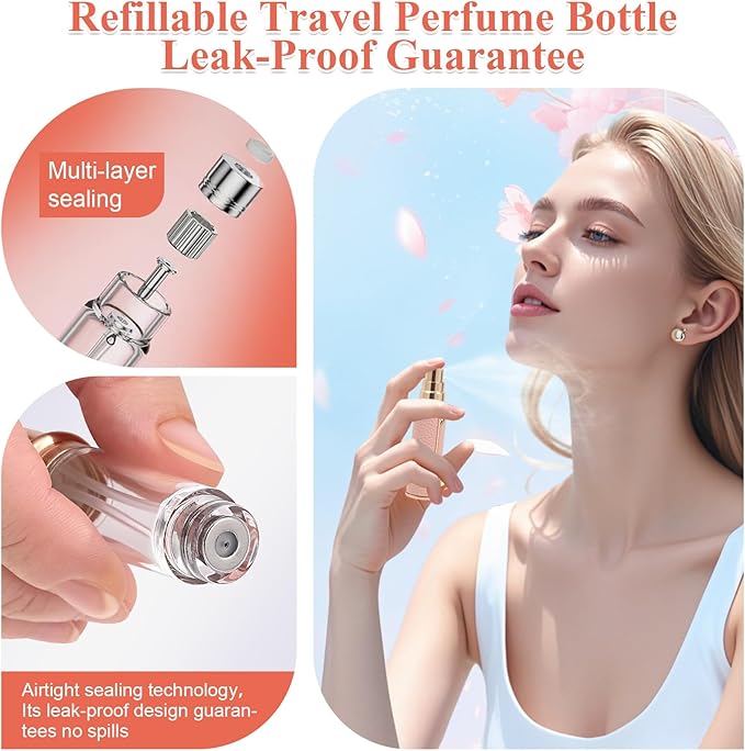 Refillable Travel Perfume Bottle – Fine Mist Atomizer, Bottom Fill, Genuine Leather Shell, TSA Approved, For Daily Refresh & Travel (Pink, 10ml)