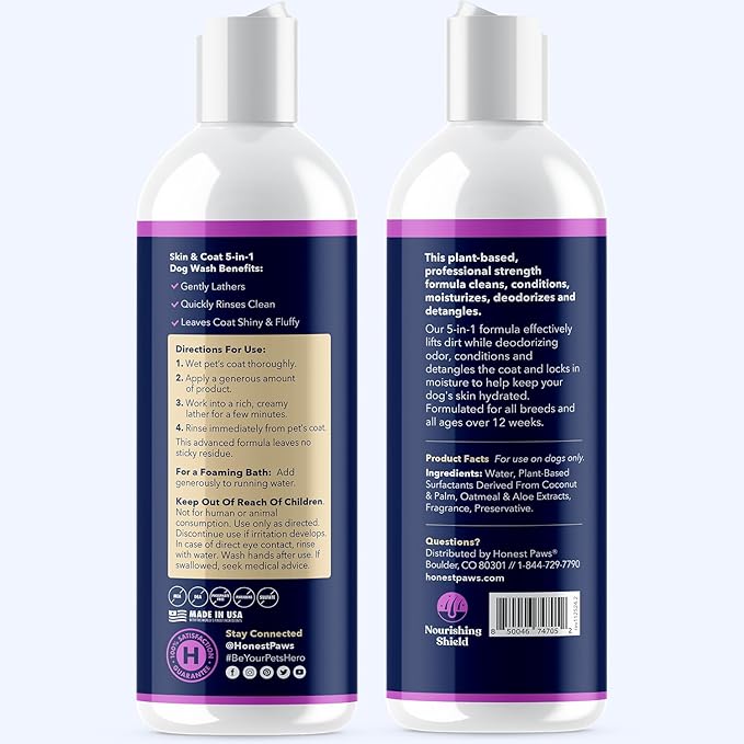 Honest Paws Dog Shampoo and Conditioner - Premium Dog Wash for Allergies and Dry, Itchy, Moisturizing for Sensitive Skin - Sulfate Free, Plant Based, All Natural - Oatmeal & Lavender - 16 Fl Oz