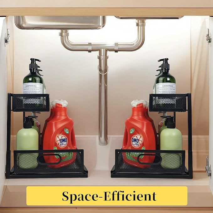 2 Pack Under Bathroom Sink Organizers and Storage 2-Tier Metal Pull Out Cabinet Organizer with Sliding Out Drawers Space Saving Undersink Slide Out Shelves for Kitchen Pantry, Black