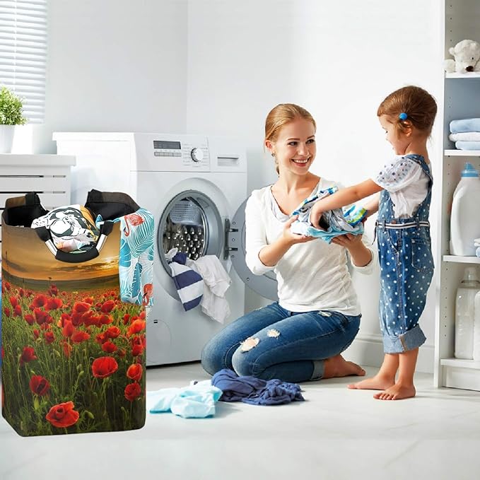 visesunny Collapsible Laundry Basket Poppy Flower And Sunset Large Laundry Hamper with Handle Toys and Clothing Organization for Bathroom, Bedroom, Home, Dorm, Travel