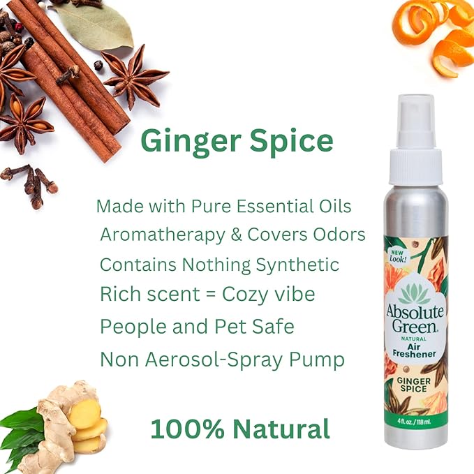 Absolute Green Air Freshener Room Spray, Odor Eliminator, Cover Smells, Ginger Spice Scent 4oz (Pack of 1)