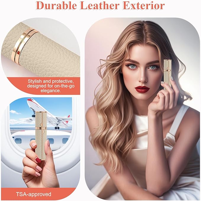 Refillable Travel Perfume Bottle – Fine Mist Atomizer, Bottom Fill, Genuine Leather Shell, TSA Approved, For Daily Refresh & Travel (White, 10ml)