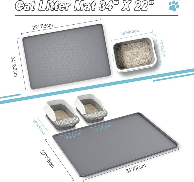 Cat Litter Mat 34" X 22", Cat Litter Box Mats Waterproof Silicone Pad for Floor Pee Pad Tray Holder with Complimentary 6 Clamps