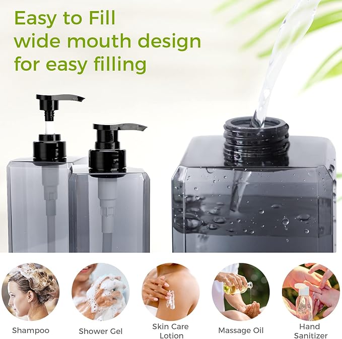 Suream 33.8oz Refillable Shampoo Bottles for Shower, 3Packs 1000ml Large Empty Pump Dispenser with 4PCS Lables for Shampoo, Body Soap, Hand Soap, Conditioner, for Bathroom, Kitchen, Hotel, Salon, SPA
