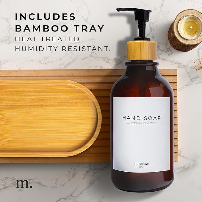 Maisonovo Plastic Soap Dispenser Set | Hand Soap and Dish Soap Dispenser Set | 16.9oz Amber Bottles with Black Bamboo Pump | Bathroom Lotion Dispenser with Pump Set of 2