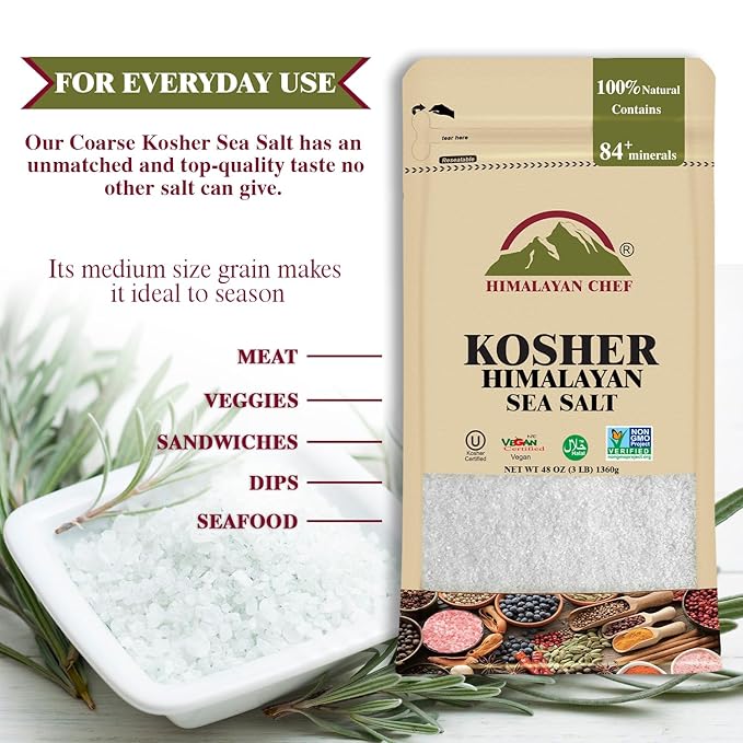 Himalayan Chef Kosher Sea Salt, Fine Grain Kosher Salt, Replacement for Table Salt, Non-Iodized, Unrefined, Non-GMO, All-Natural, No Additives - 48 oz Bag