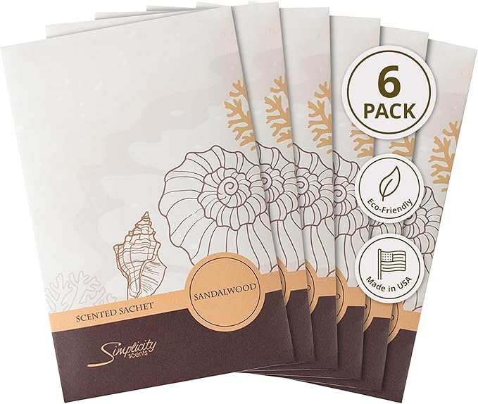 Sandalwood Scented Sachets Pack of 6, Everyday - Long-Lasting Scented Bags, Home Fragrance, Air Freshener & Deodorizer for Closet, Room, Drawer, or Cars, Made in USA
