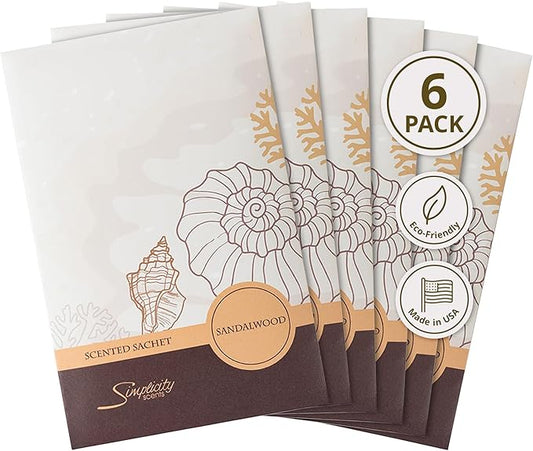 Sandalwood Scented Sachets Pack of 6, Everyday - Long-Lasting Scented Bags, Home Fragrance, Air Freshener & Deodorizer for Closet, Room, Drawer, or Cars, Made in USA
