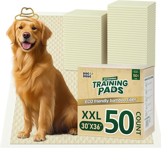 50-Count 30"x36" XXL Puppy Pads Disposable Pee Pads for Dogs Extra Large Super Absorbent Bamboo Training Pads Deodorizing & Leak-Proof with Adhesive Tabs