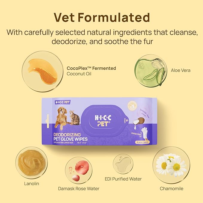 HICC PET Cleaning Deodorizing Glove Wipes for Dogs & Cats, Vet Recommended Hypoallergenic Hydrating & Nourish Fur Pet Grooming Glove Wipes, Pet Bathing Wipes for Horse Coat Care