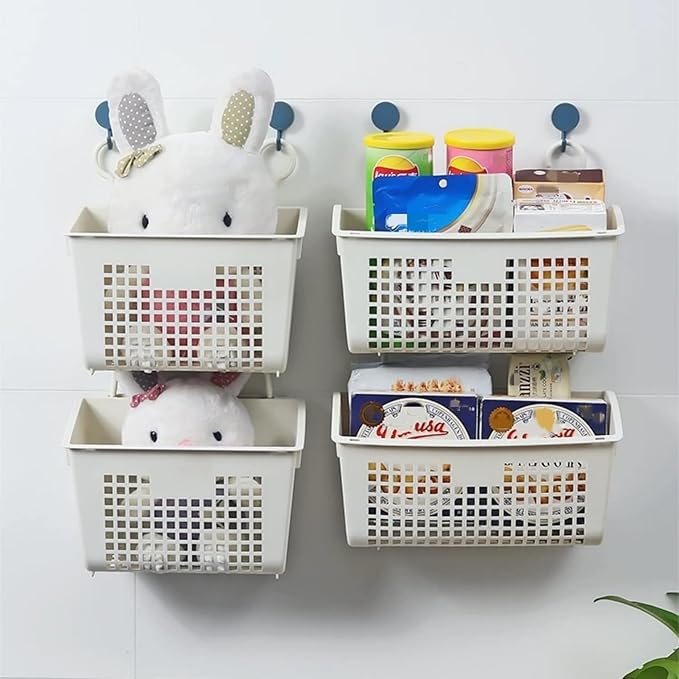 3PCS Plastic Hanging Baskets for Shower, Hanging Basket Organizer with Hooks, Rectangle 11.3Inches Small Hanging Storage Basket (Beige)