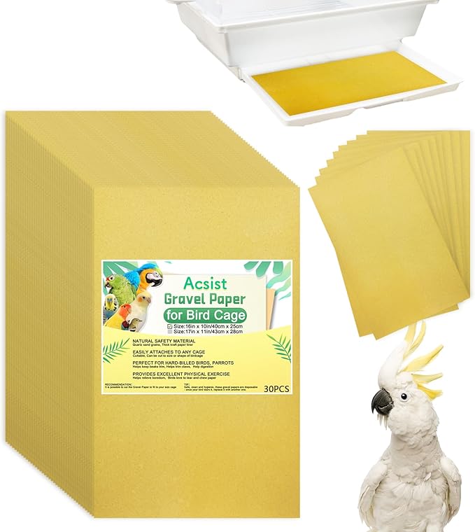 30PCS Gravel Paper for Bird Cage, 16 x 10 inch Cuttable Sea Sand Paper Liners, Calcium Sandpaper for Hard-Billed Birds, Bird Cage Liners for Parrots,Cockatiels & All Your Feathered Friends