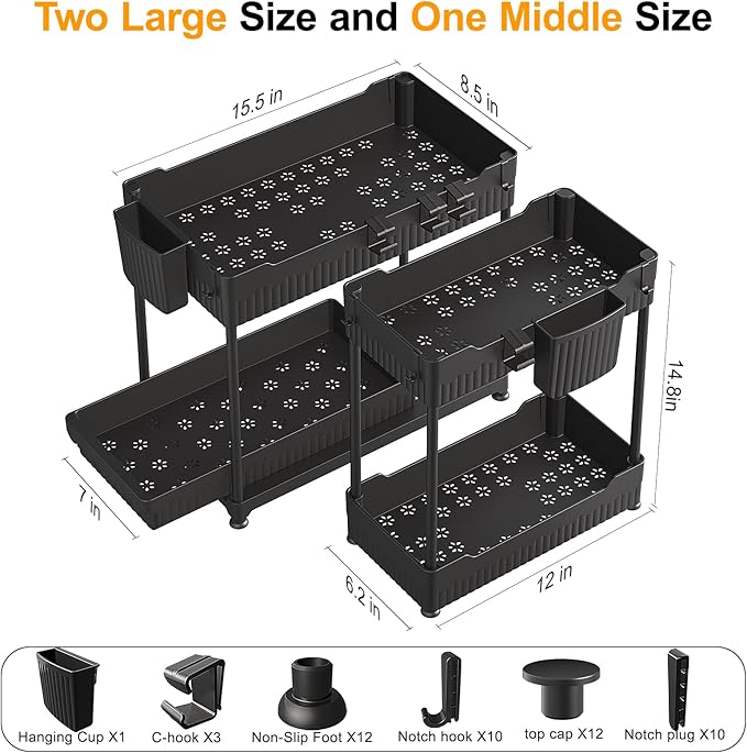 3 Pack Under Sink Organizers, 2-Tier Multi-Use Kitchen and Bathroom Organizers and Storage with Sliding Drawers，Bathroom Cabinet Organizer (Black, 14.8 Inch)