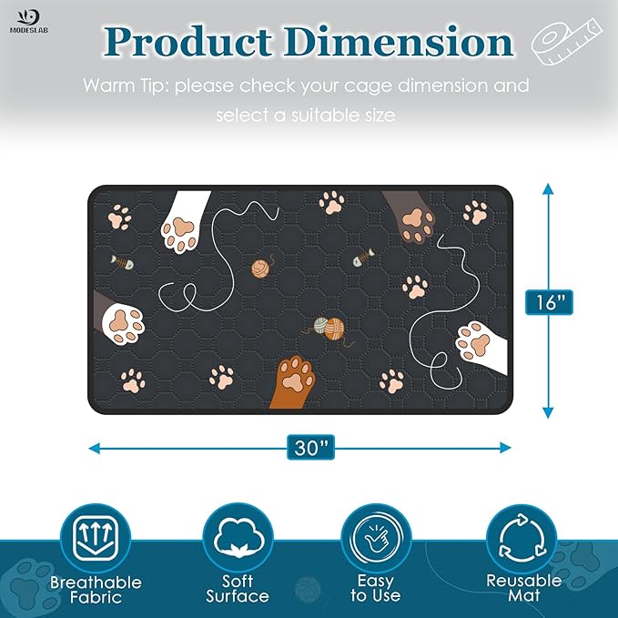 4-Pack Guinea Pig Cage Liner Washable, 16in x 30in Ultra-Absorbent Guinea Pig Bedding for Cage Non-Slip Leak-Proof Pee Pads for Dogs Rabbit Bunny Cat Litter Mat, Black