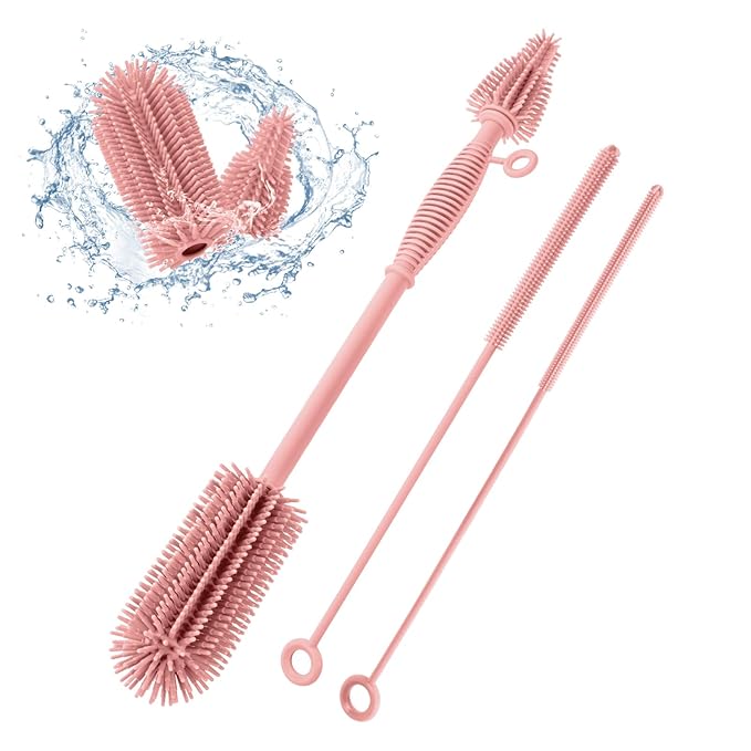 Baby Bottle Brush and Straw Cleaner Brush Set, Extra Long Double-Ended Soft Silicone Brush Cleaner for Baby Bottles, Water Bottles, Cups, Breast Pumps, Detachable & Hangable