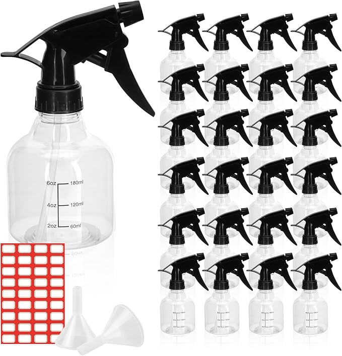 24 Pack 8 Oz Plastic Spray Bottles for Cleaning, Empty Clear Spray Bottles With Adjustable Head Sprayer, 8 Oz Small Plastic Spray Bottles with Funnel and Labels for Cleaning Hair Plants