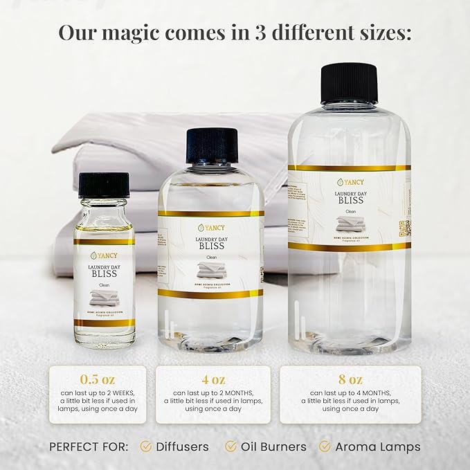 YANCY Laundry Day Bliss Home Collection Fragrance Oil (8 oz), Fresh Laundry-Inspired Scent, Clean Aroma for Diffusers, Oil Burners & Aroma Lamps, Crisp Scent for Daily Freshness