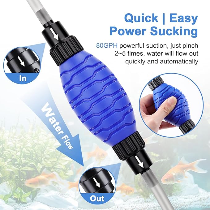 fishkeeper Quick Aquarium Siphon Pump Gravel Cleaner - 256GPH / 80GPH Adjustable Powerful Fish Tank Vacuum Gravel Cleaning Kit for Aquarium Water Changer, Sand Cleaner, Dirt Removal