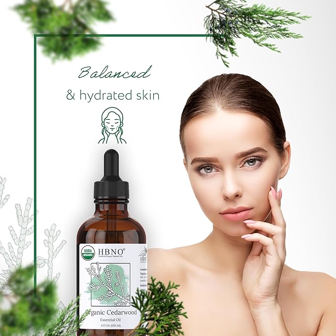 HBNO Organic Cedarwood Essential Oil - Huge 4 oz (120ml) Value Size - USDA Certified Organic Cedarwood Essential Oil for Aromatherapy, Soap Making, DIY, Fragrances, Diffuser.