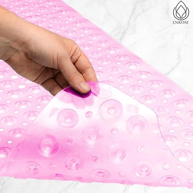 ENKOSI Bath Mat - Large Non Slip Bathtub & Shower Mat - Extra Long 40 x 16 Inch Bathroom Mats for Tub Nonslip Anti Slip Bathmats (40x16 Clear Pink 1-Pack)