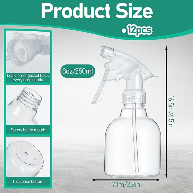 12 Pcs 8 oz Empty Plastic Spray Bottle with Trigger Sprayers Pet Adjustable Head from Fine to Stream Refillable for Hair, Plants, Cooking, Pets, Bath, Beauty, Cleaning, No Leakage (Clear)