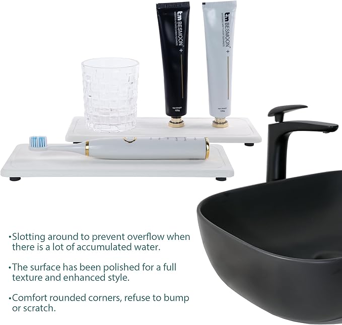 2 Pcs Water Absorbing Stone Trays, Kitchen/Bathroom Sink Soap Dish, Diatomite Tray Used for Hand Soap & Cosmetic Bottles in The Modern Home, 4" W x 10.2" L, White