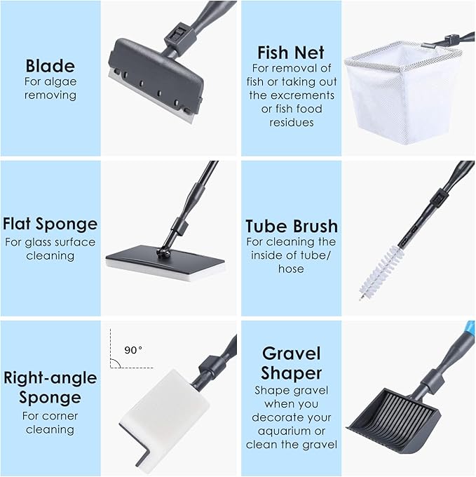 AquaMiracle 6 in 1 Aquarium Cleaning Tool Kit Fish Tank Cleaning Kit for 20-160 Gallon Tank with Telescopic Long Handle, Algae Scraper, Scrubber Pads, Tube Cleaner, Fish net, Gravel Rake