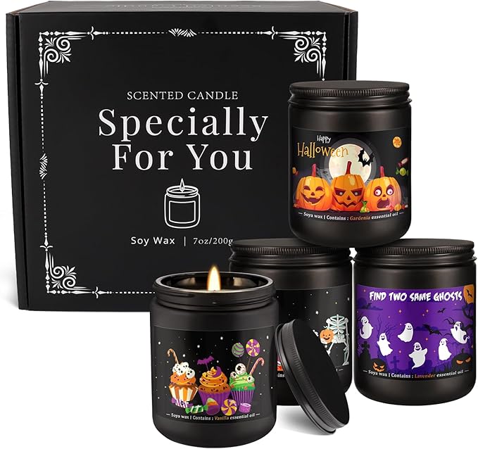4 Pack Black Halloween Scented Candles -7oz Soy Wax Candles with Essential Oils (Rosemary, Vanilla, Gardenia, Lavender)