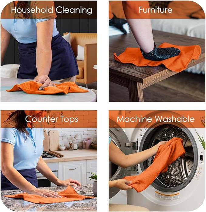 Avalon Towels Microfiber Cleaning Cloths (Value Pack of 36) Size 16" x 16", Highly Absorbent Cleaning Rags, Lint Free Cleaning Towels, Reusable and Washable, Microfiber Towels for Cars (Orange)