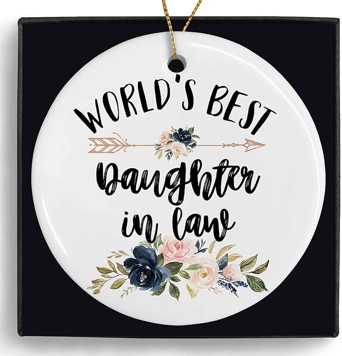 World's Best Daughter in Law Ceramic Ornaments Gifts, Nuera Round Hanging Ornament Decor Decorations for Christmas Tree Car, Thank You Appreciation Gifts for Daughter in Law Birthday Holiday