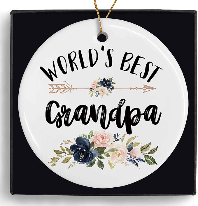 World's Best Grandpa Ceramic Ornaments Gifts, Grandpa Grandfather Round Hanging Ornament Decor Decorations for Christmas Tree Car, Thank You Appreciation Gifts for Grandpa Birthday Holiday