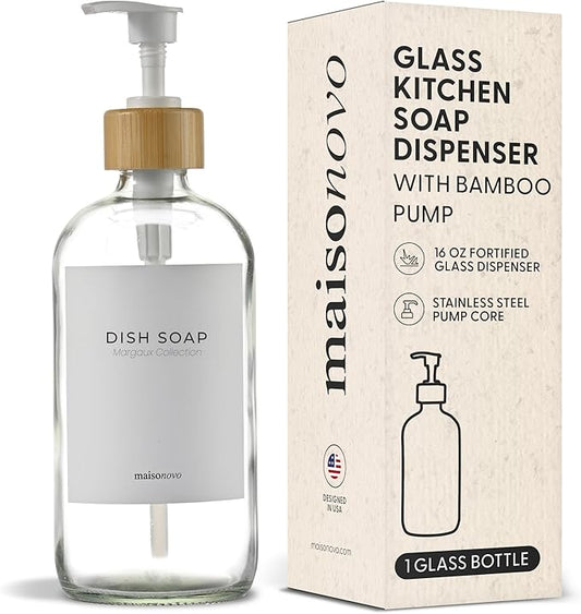 MaisoNovo Glass Hand Soap Dispenser | Dish Soap Dispenser for Kitchen | 16.9oz Clear Bottles with White Bamboo Pump | Bathroom Lotion Dispenser