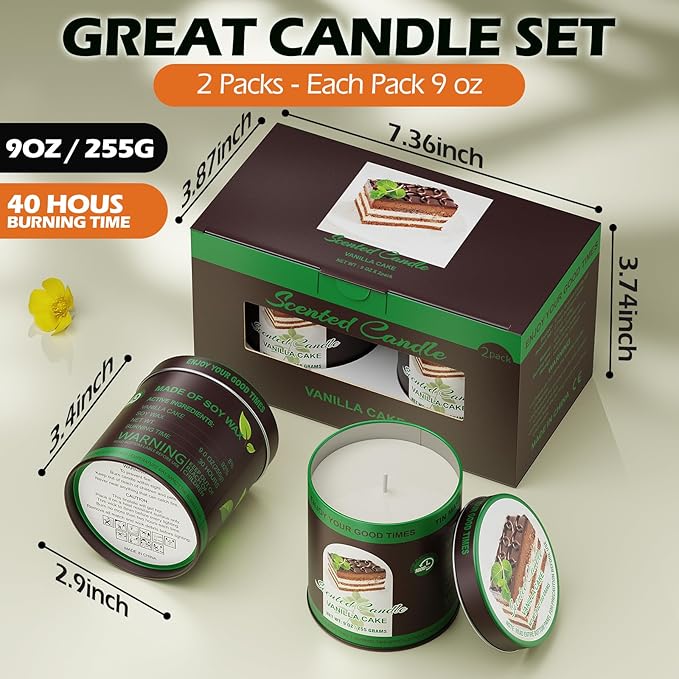 Premium Vanilla Cake Scented Soy Wax Candles Set | 2Pack 8% Essential Oils,80 Hrs Burn Time,Clean Burning&Smoke-Free| Aromatherapy Jar Tin Candle for Home, Relief & Sleep | Gift Set of Men&Women