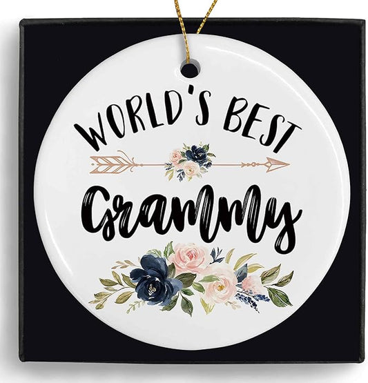 World's Best Grammy Ceramic Ornaments Gifts, Grandma Grandmother Round Hanging Ornament Decor Decorations for Christmas Tree Car, Thank You Appreciation Gifts for Grammy Birthday Holiday