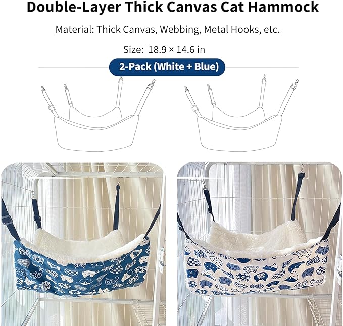 2-Pack Reversible Cat Hammock for Cage - Adjustable Soft Hanging Pet Bed for Cats, Ferrets, Puppies, Rabbits & Small Animals