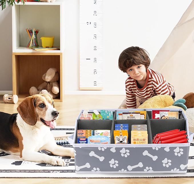 2pack Dog Storage Organizer,Dog Treat Container Bin for Countertop,Collapsible Cat Treats Container with Dividers,Dog Treats Station for Treats Stick/Canned Food/Bagged Snacks-Bone Paw