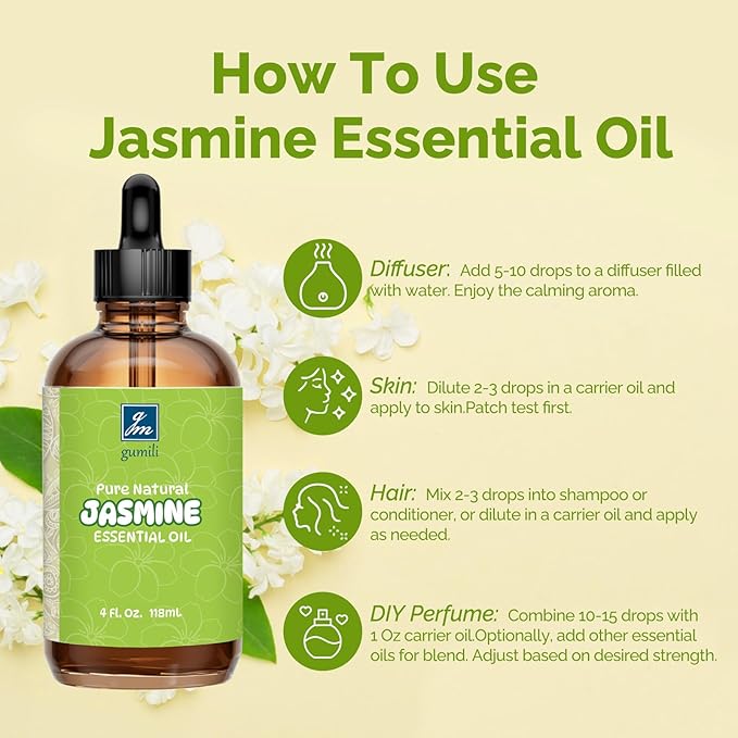 Jasmine Essential Oil 4 Oz, 100% Pure Jasmine Oil for Diffuser, Skin, Hair, Body & Face, Perfume, Floral Scent for Relaxation, Aromatherapy & Massage