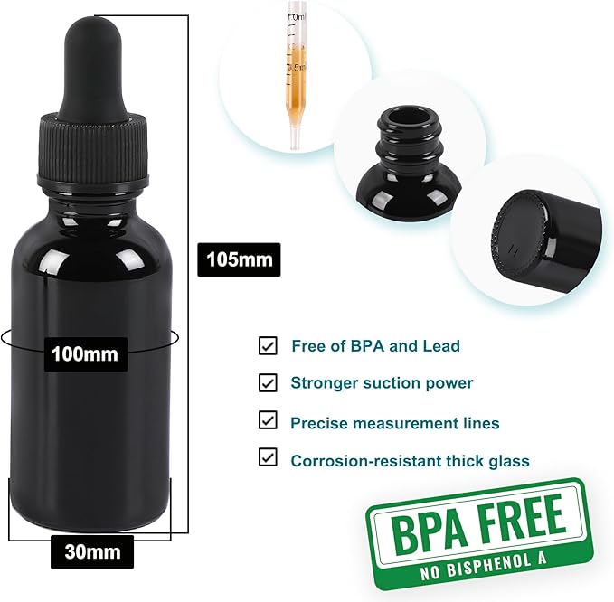 48 Pack,1oz Glass Dropper Bottle,Blakc Tincture Bottles with Dropper,Pretty Finish for All Kinds of Liquids,Oil Bottles for Hair- Stronger Suction ideal for Leakproof Travel