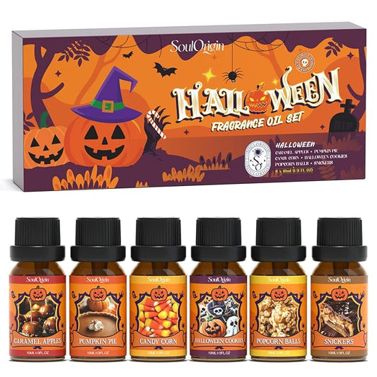 Halloween Fragrance Oils Set, Essential Oil for Diffuser, Diffuser Oil, Use for Soap Candle Making,Caramel Apples, Pumpkin Pie, Candy Corn, Halloween Cookies, Popcorn Balls, Snickers Bars