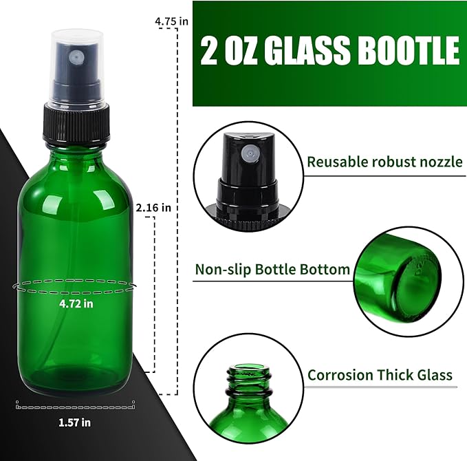 2 oz Glass Spray Bottles, Reusable Fine Mist Sprayer Small Spray Bottle, Leak-Proof Design, Perfect for Travel, Skin Care, Perfumes, Botanical, Cleansing (Green, 2oz-48pcs)