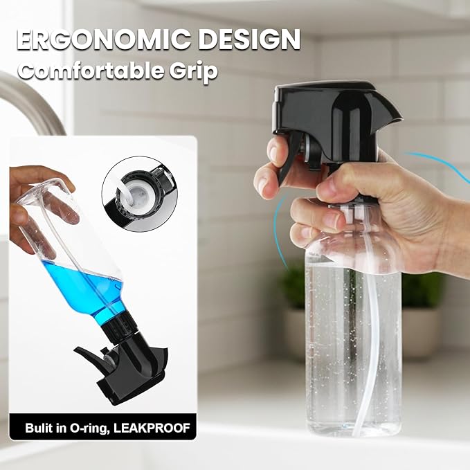 Plastic Spray Bottles 12oz Mist Spraying Bottle Continuous Mister Spray Bottle Heavy Duty Empty Water Spray Bottles for Hair, Cleaning Solutions, Plants，Essential Oils 2 Pack (Clear-2pcs)