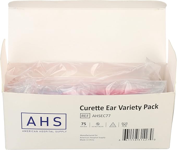 American Hospital Supply Ear Curettes | Ear Pick Wax Removal Tool Cleaner | Individually Wrapped Plastic Ear Cleaner Tools for Teens Adult Pack of 75 (15 of Each Tip Style)