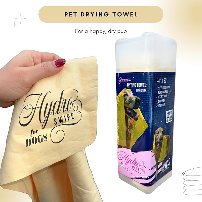 HydroSwipe for Dogs - Chamois Cloth for Drying Pets - Super Absorbent, Soft, and Large Towel 24" x 32" - Odor Resistant, Reusable, and Dries Stiff to Stay Fresh