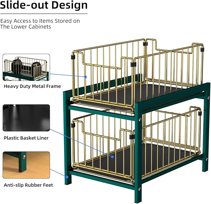 2 Tier Sliding Basket Drawer Organizer, Lxmons Pull Out Under Sink Cabinets Organizers, Metal Home Shelf for Bathroom or Kitchen, Sliding Countertop or Pantry Storage Shelf, Large Gold Green